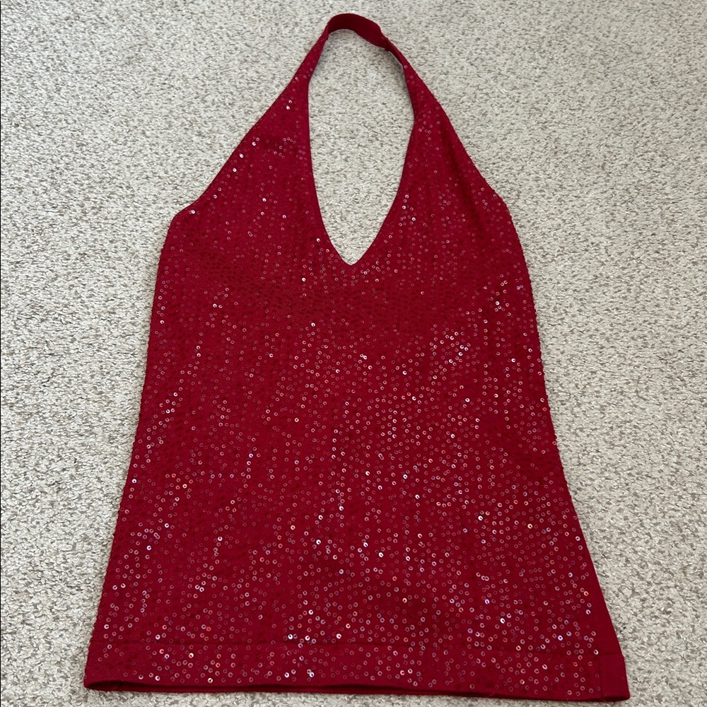 BCBG Red Sequin Halter Top, Small